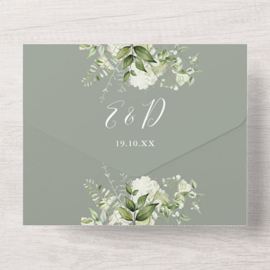 Elegante Sage Greenery Bloemen QR Code Huwelijk All In One Uitnodiging (Achterkant)