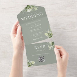 Elegante Sage Greenery Bloemen QR Code Huwelijk All In One Uitnodiging