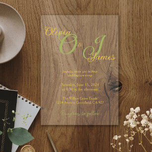 Elegante Sage Groen en Goud Monogram Huwelijk Vellum Uitnodigingen