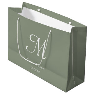 Elegante Sage Groen en Wit Monogram Naam Groot Cadeauzakje