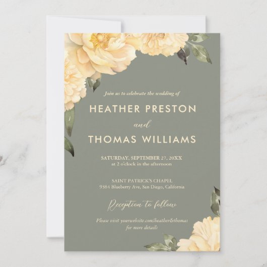 Elegante Sage Groen Geel Bloemen Huwelijk Kaart (Voorkant)