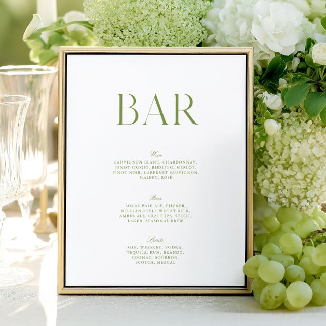 Elegante Sage Groen & Wit 8.5x11 Wedding Bar Teken (Elegant Sage Green & White 8.5x11 Wedding Bar Sign)