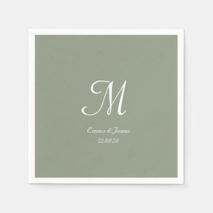 Elegante Sage Groen & Wit Monogram Trouwfeest Servet