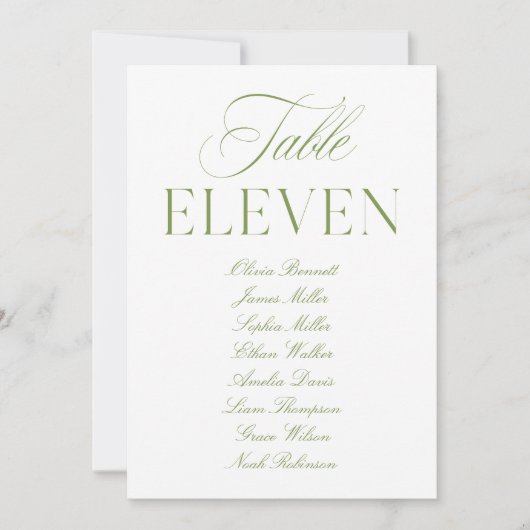 Elegante Sage Groen & Wit Trouwtafel Nummer Kaart (Voorkant)