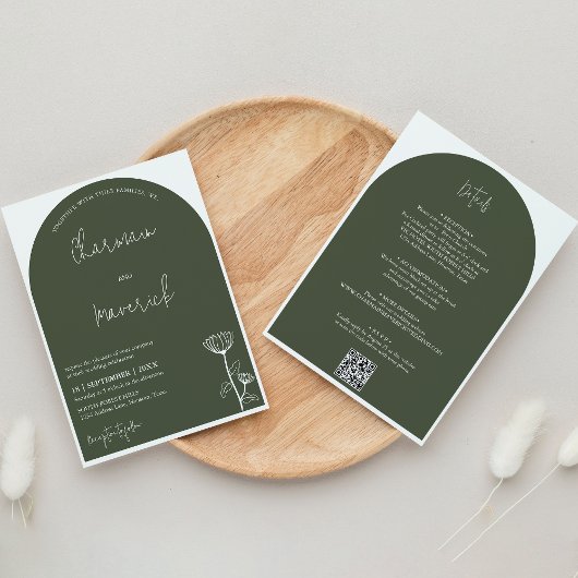 Elegante Sage Groene Begroting QR Code Bruiloft Kaart
