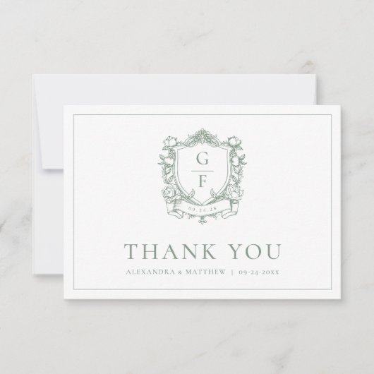 Elegante Sage Groene Bloemen Monogram Kreeft Huwel Bedankkaart (Voorkant)