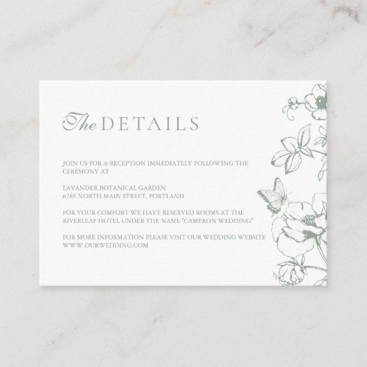 Elegante Sage Groene Bloementuin Bruiloft Details Informatiekaartje (Voorkant)