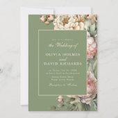 Elegante Sage Groene Blush Pioen Bruiloft Uitnodig Kaart (Voorkant)