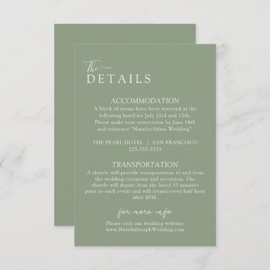 Elegante Sage Groene Boho Moderne Bruiloft Details Informatiekaartje (Voorkant / Achterkant)