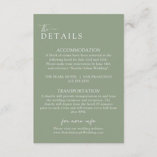 Elegante Sage Groene Boho Moderne Bruiloft Details Informatiekaartje (Voorkant)