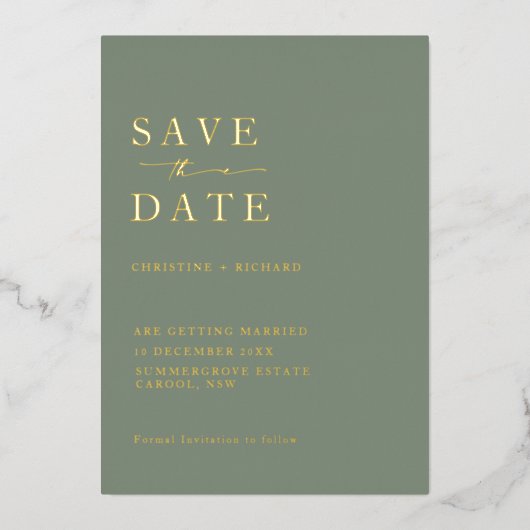 Elegante Sage groene bruiloft Save the Date Folie Uitnodiging (Voorkant)