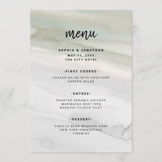 Elegante Sage Groene en Grijze Waterverf | Bruilof Menu (Voorkant)