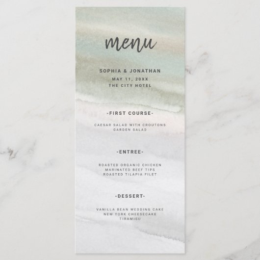 Elegante Sage Groene en Grijze Waterverf | Bruilof Menu (Voorkant)