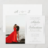 Elegante Sage Groene Foto Monogram Formele Bruilof Kaart (Voorkant / Achterkant)