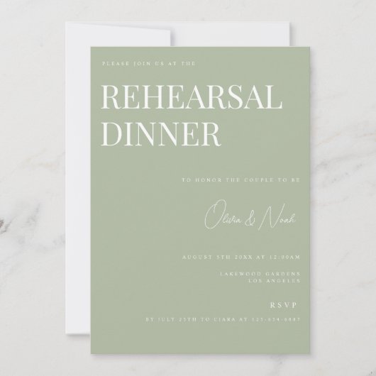 Elegante Sage Groene Huwelijksrepetitie Diner Kaar Kaart (Voorkant)
