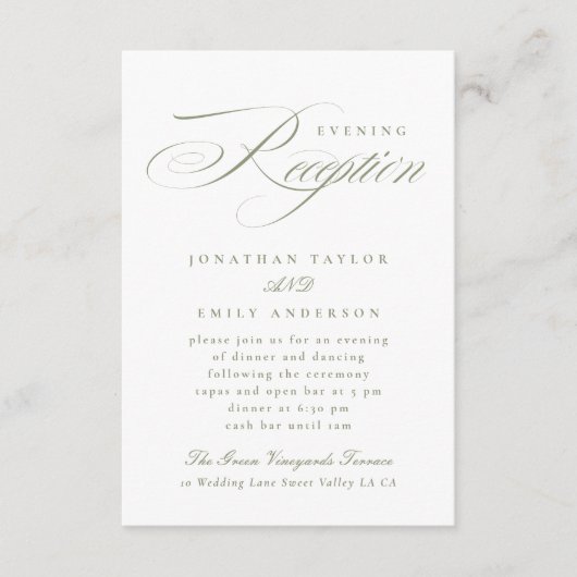 Elegante Sage Groene Kalligrafie Bruiloft Receptie Informatiekaartje (Voorkant)