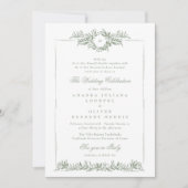 Elegante Sage Groene Krans Ets lijst Fotobruiloft Kaart (Voorkant)