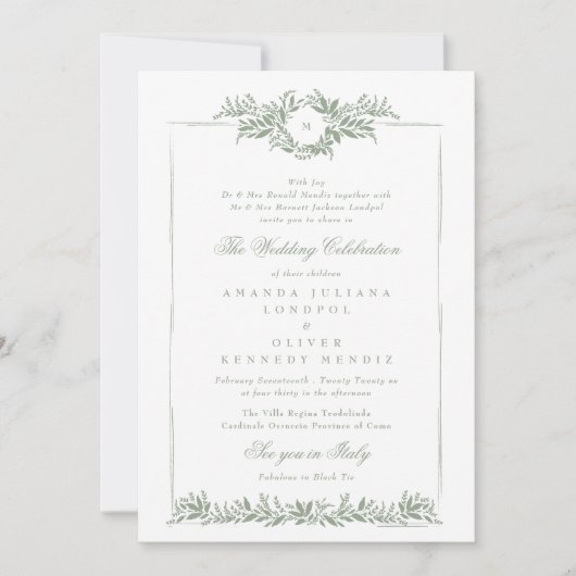 Elegante Sage Groene Krans Ets lijst Fotobruiloft Kaart (Voorkant)