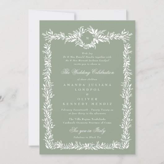 Elegante Sage Groene lijst Monogram Fotobruiloft Kaart (Voorkant)