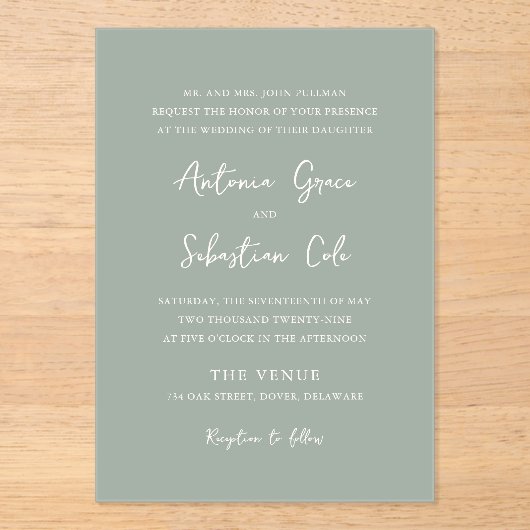 Elegante Sage Groene Moderne Bruiloft Acryl Uitnodigingen (Voorkant)