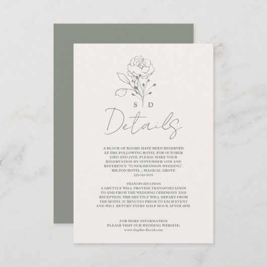 Elegante Sage Groene Monogram Bruiloft Details Informatiekaartje (Voorkant / Achterkant)