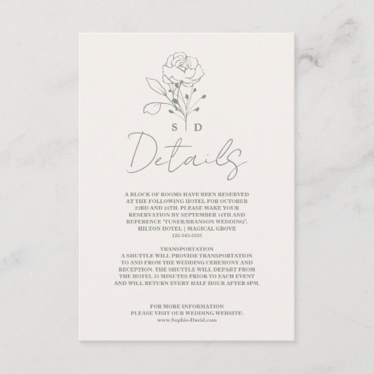 Elegante Sage Groene Monogram Bruiloft Details Informatiekaartje (Voorkant)