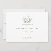 Elegante Sage Groene Monogram Crest Bruiloft Save The Date (Voorkant)