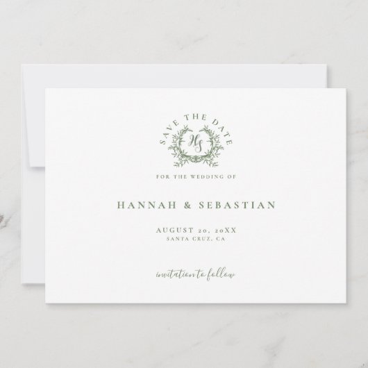 Elegante Sage Groene Monogram Crest Bruiloft Save The Date (Voorkant)