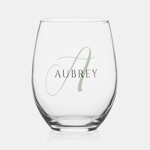 Elegante Sage Groene Monogram Drinkware Set Wijnglas Zonder Voet