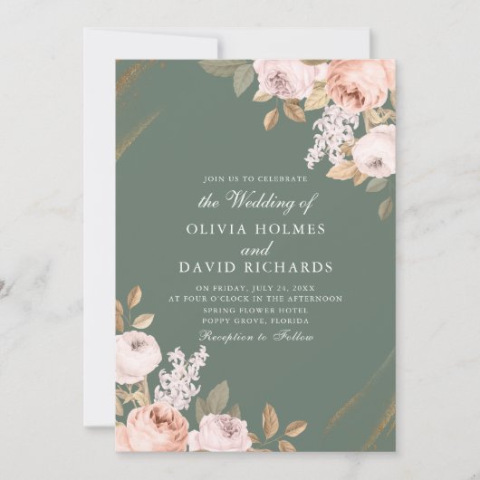 Elegante Sage Groene Pioen Bruiloft Uitnodiging (Voorkant)