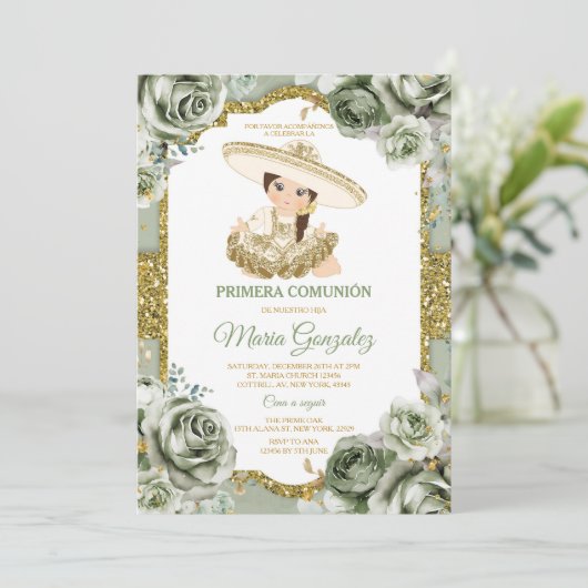 Elegante Sage Groene Primera comunión SCHATTIGE Me Kaart (Staand voorkant)