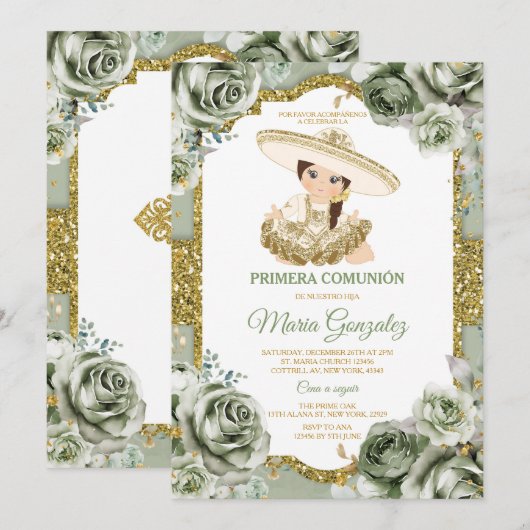 Elegante Sage Groene Primera comunión SCHATTIGE Me Kaart (Voorkant / Achterkant)