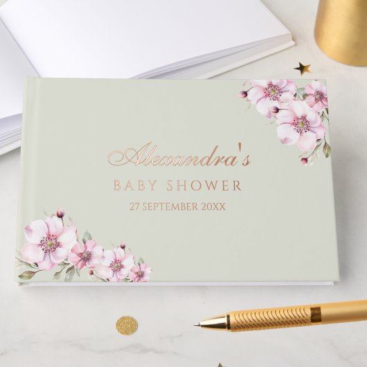 Elegante Sage Groene Rozen Bloemen Baby shower Gastenboek