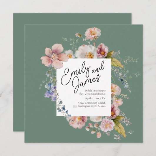 Elegante Sage Groene Tuin Wildflower Bruiloft Kaart (Voorkant / Achterkant)