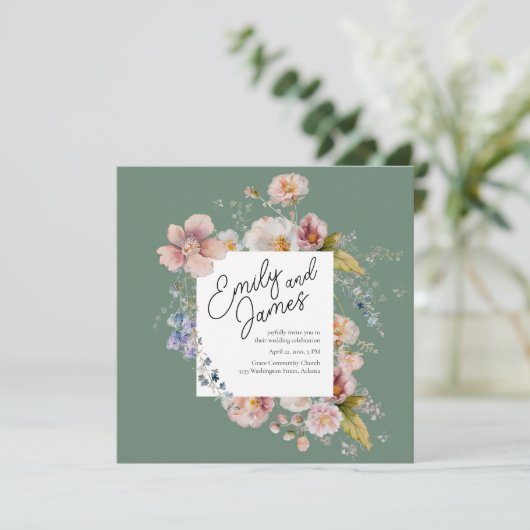 Elegante Sage Groene Tuin Wildflower Bruiloft Kaart (Staand voorkant)