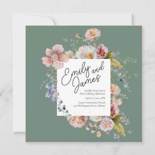Elegante Sage Groene Tuin Wildflower Bruiloft Kaart (Voorkant)
