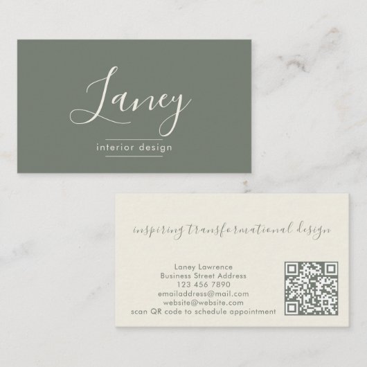 Elegante Sage QR-code Interieurontwerp Professiona Visitekaartje (Voorkant / Achterkant)