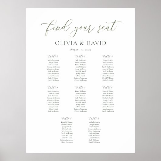 Elegante Sage Script Kleur 8 tafel Zitgrafiek Poster (Voorkant)