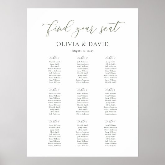 Elegante Sage Script Kleur 9 tafel Zitgrafiek Poster (Voorkant)