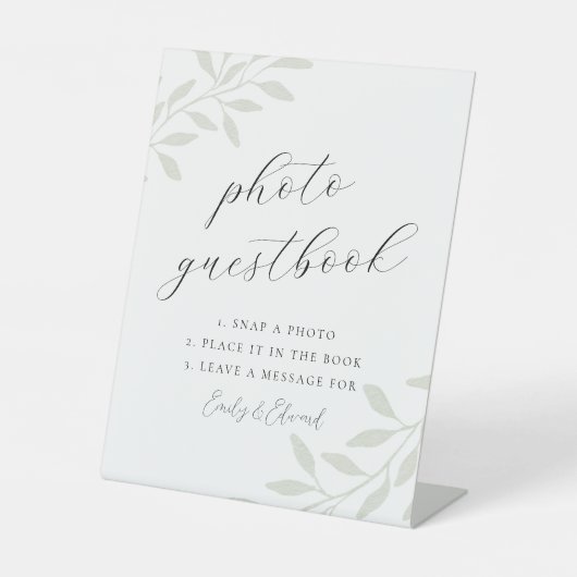Elegante Sage Trouwfoto Guestbook Tafel Reclamebord Met Voetstuk (Voorkant)
