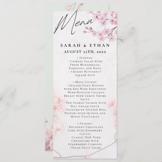 Elegante Sakura Roze bloemenkersenbloesem Bruiloft Menu (Voorkant / Achterkant)
