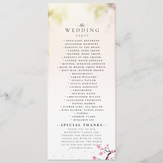 Elegante Sakura Roze bloemenkersenbloesem Bruiloft Programmakaart (Achterkant)