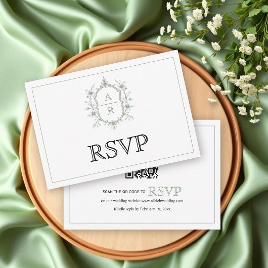 Elegante salie bloemenkam monogram QR code bruilof RSVP Kaartje
