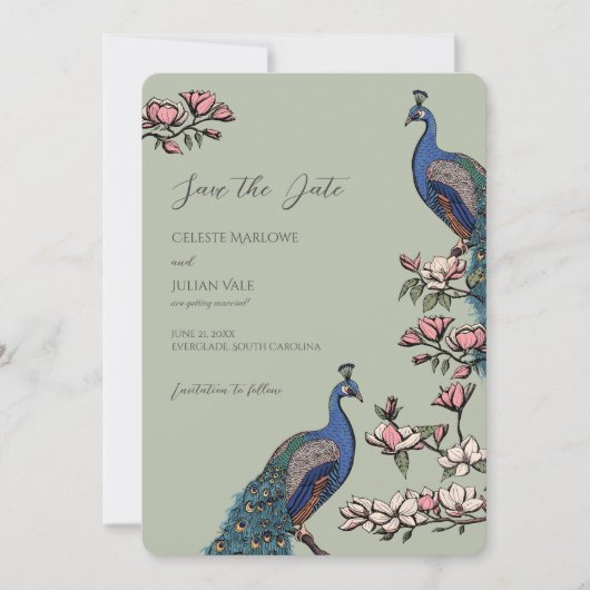 Elegante salie bloemenpauw bruiloft save the date (Voorkant)