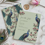 Elegante salie bloemenpauw bruiloft save the date<br><div class="desc">Deze elegante Sage Floral Peacock Wedding Save the Date is voorzien van handgetekende blauwe en blauwgroen pauwen op Magnolia-takken in volle bloei in zwarte inkt op een elegante saliegroene achtergrond. De achterkant heeft een prachtig patroon met dezelfde kunstelementen. Personaliseer met uw eventgegevens door op "Deze sjabloon personaliseren" op de productpagina...</div>