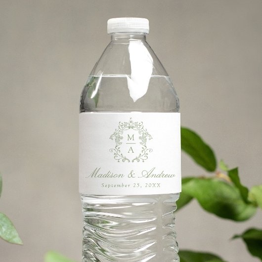 Elegante Salie Chinoiserie Wapen Monogram Huwelijk Waterfles Etiket