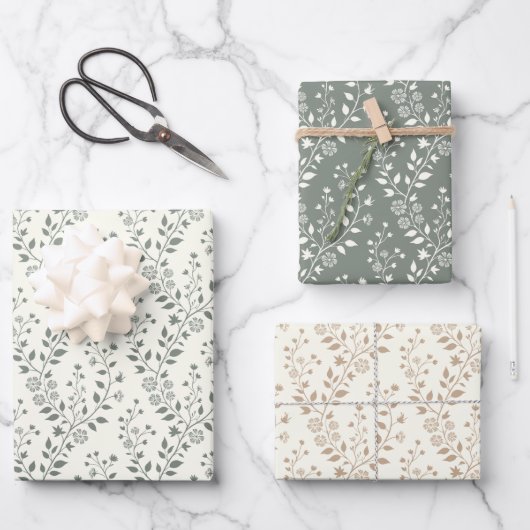 Elegante Salie Crème Minimalistische Boho Bloemmot Inpakpapier Vel (Voorkant)