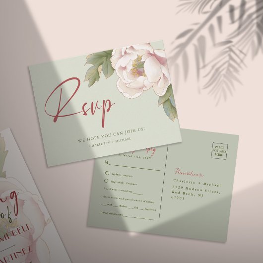 Elegante salie en blush pioenroos bloem RSVP Briefkaart