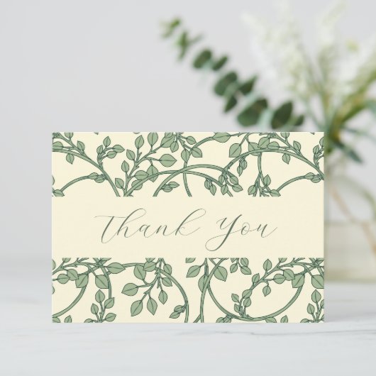 Elegante Salie En Crème Wijnranken Platte Bedankka Bedankkaart (Staand voorkant)