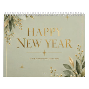 Elegante Salie en Gouden Gelukkig Nieuwjaar Groet Kalender